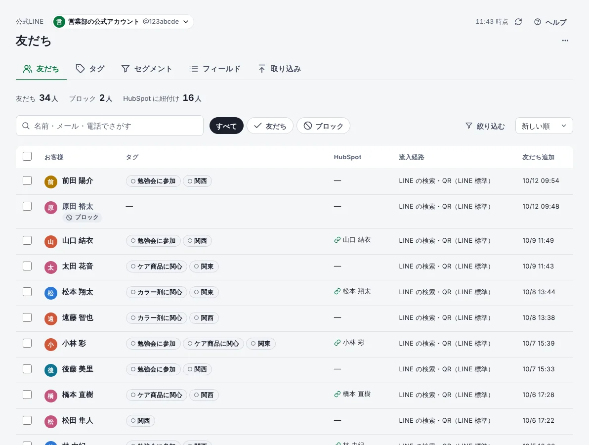 友だちの一覧の画面。名前・タグ・HubSpot・流入経路・友だち追加の日時が並んでいる